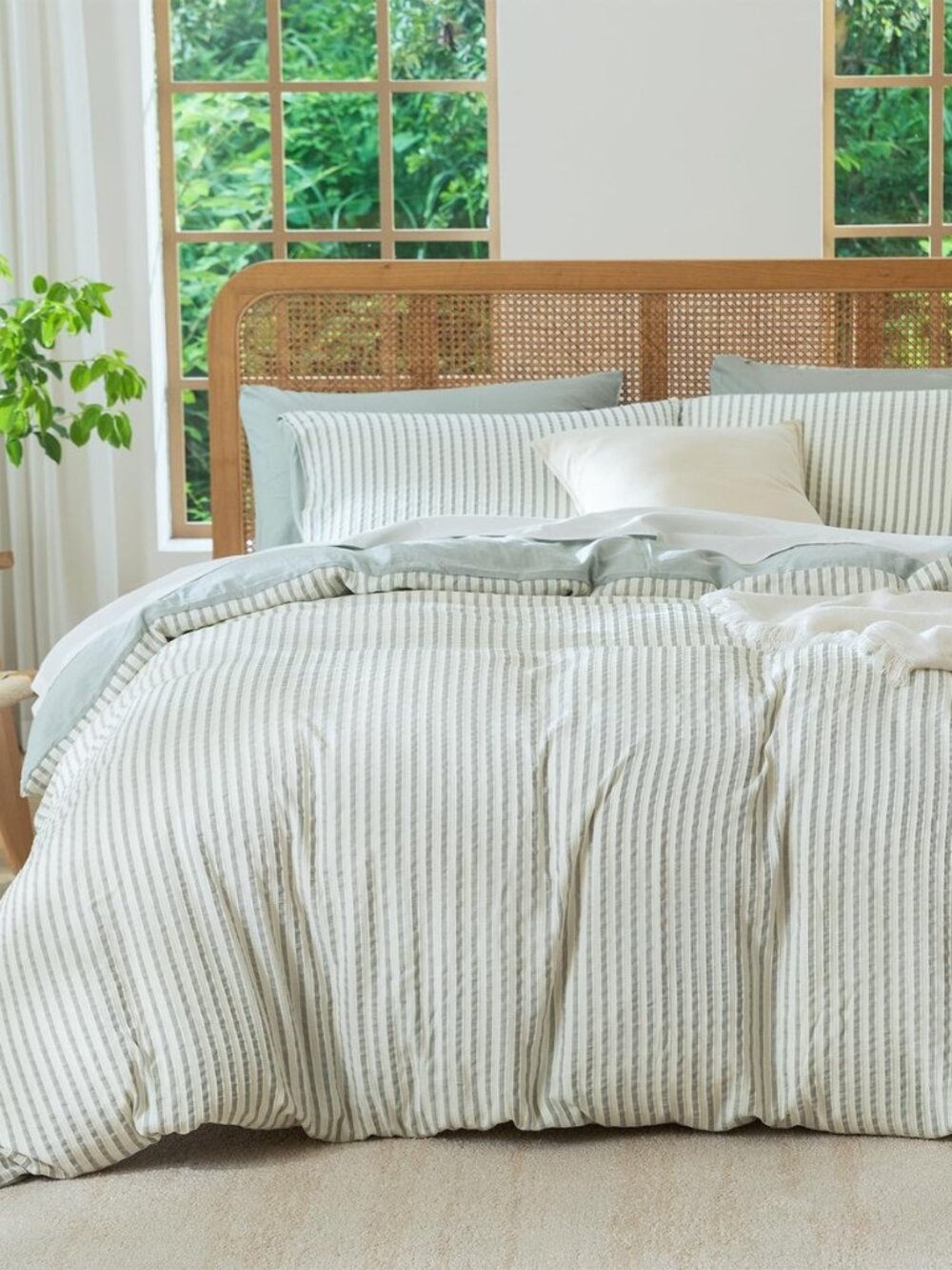 Sage Green Queen Size Comforter Set Striped 100% Soft Washed Microfiber Jacquard